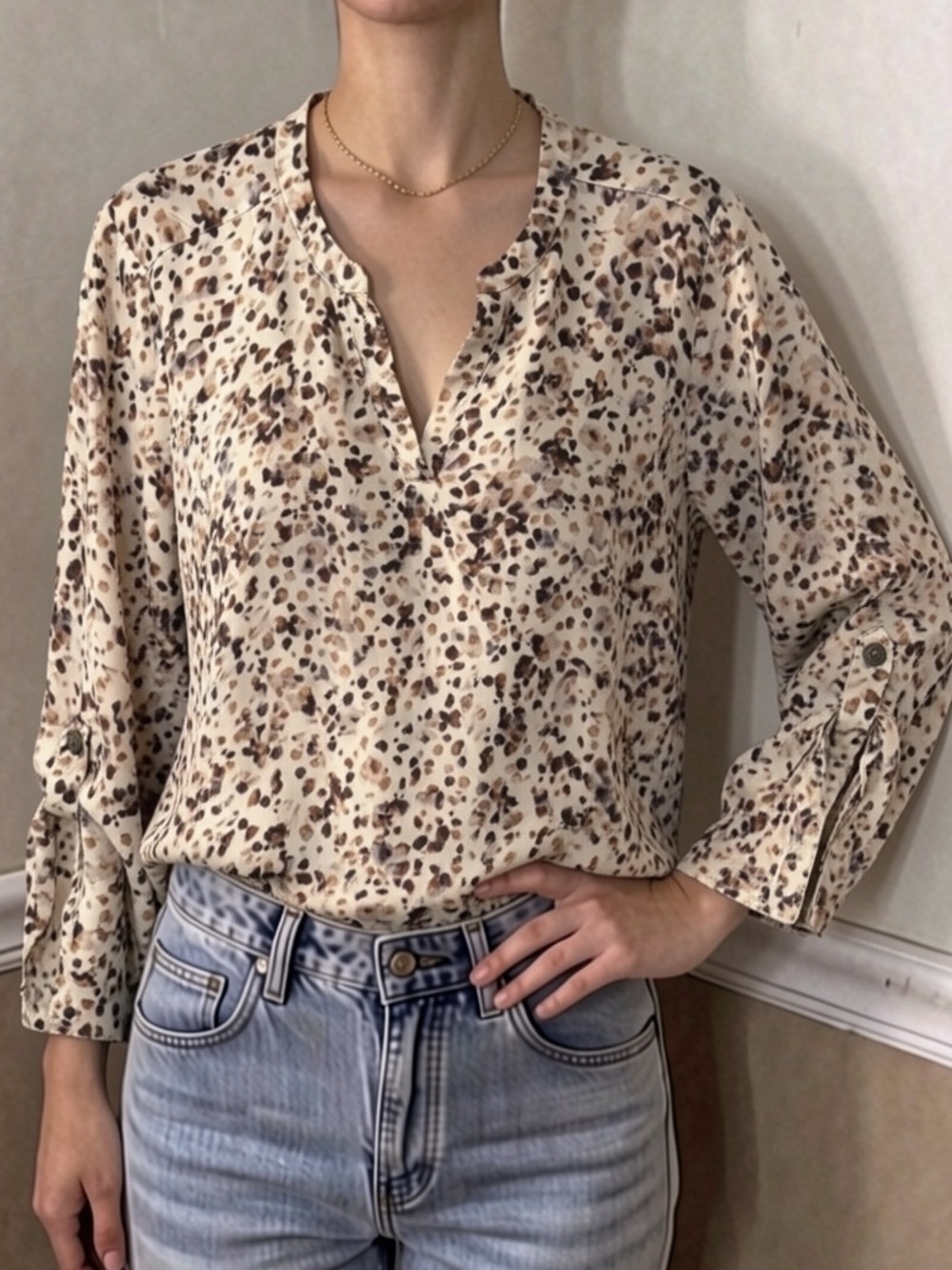 💜 5 for $20! Maurices Cream and Brown Animal Print V-Neck Blouse